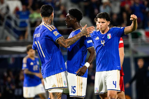 Gianluca Scamacca of Italy celebrates with Issa Doumbia and Alessandro Romano after scoring the goal of 1-0 during the Nations League football match between Italy and Turkiye at Renato Dall Ara stadium in Bologna (Italy), October 5, 2026. AndreaxStaccioli