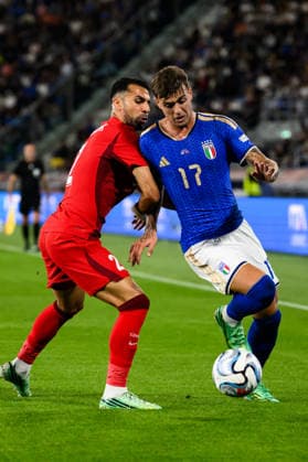 Zeki Celik of Turkiye and Daniel Maldini of Italy compete for the ball during the Nations League football match between Italy and Turkiye at Renato Dall Ara stadium in Bologna (Italy), October 5, 2026. AndreaxStaccioli