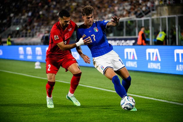 Zeki Celik of Turkiye and Daniel Maldini of Italy compete for the ball during the Nations League football match between Italy and Turkiye at Renato Dall Ara stadium in Bologna (Italy), October 5, 2026. AndreaxStaccioli