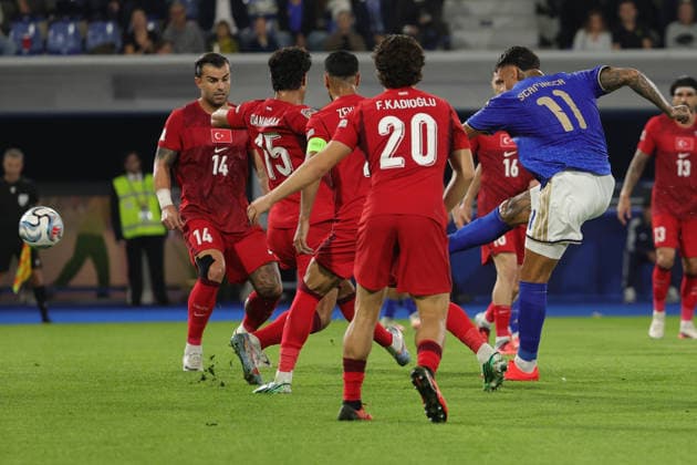 5th October 2026; Stadio Renato DallAra, Bologna, Italy; UEFA Nations League Football, Italy versus Turkey; Gianluca Scamacca of Italy shoots and scores the goal 1-0 EmanuelexPennacchio