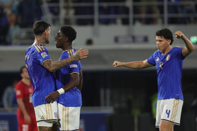 5th October 2026; Stadio Renato DallAra, Bologna, Italy; UEFA Nations League Football, Italy versus Turkey; Gianluca Scamacca of Italy celebrates with his teammate Issa Doumbia of Italy after scoring the 1-0 goal EmanuelexPennacchio