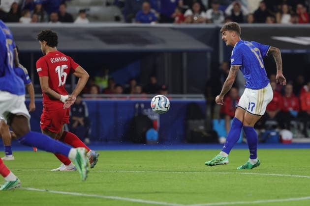 5th October 2026; Stadio Renato DallAra, Bologna, Italy; UEFA Nations League Football, Italy versus Turkey; Daniel Maldini of Italy scoring chance EmanuelexPennacchio