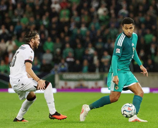 UEFA Nations League Group Stage Northern Ireland vs Georgia 5 10 2026 Northern Ireland™s Shea Charles with Georgia™s Gizo Mamageishvili Shea Charles with Gizo Mamageishvili 5 10 2026  Copyright: xx 051026JP2football017