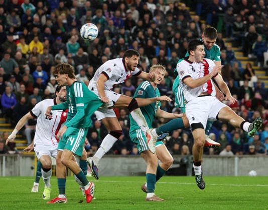 UEFA Nations League Group Stage Northern Ireland vs Georgia 5 10 2026 Northern Ireland™s Ruairi McConville has a header on Georgia™s goal Ruairi McConville has a header on Georgia™s goal 5 10 2026  Copyright: xx 051026JP2football020