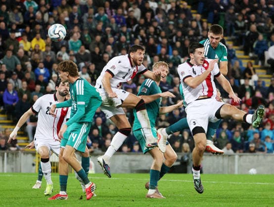 UEFA Nations League Group Stage Northern Ireland vs Georgia 5 10 2026 Northern Ireland™s Ruairi McConville has a header on Georgia™s goal Ruairi McConville has a header on Georgia™s goal 5 10 2026  Copyright: xx 051026JP2football021