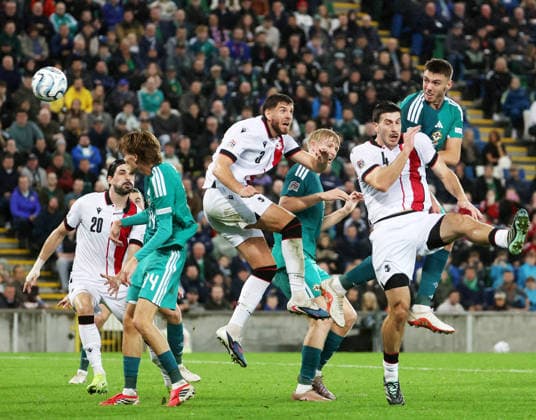 UEFA Nations League Group Stage Northern Ireland vs Georgia 5 10 2026 Northern Ireland™s Ruairi McConville has a header on Georgia™s goal Ruairi McConville has a header on Georgia™s goal 5 10 2026  Copyright: xx 051026JP2football022