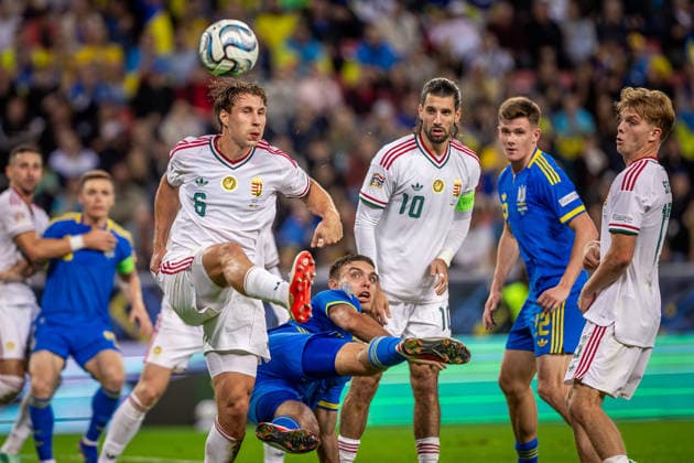 UKRAINE - HUNGARY Willi Orban of Hungary and RB Leipzig and Matvii Ponomarenko of Ukraine and Dynamo Kyiv, Dominik Szoboszlai of Hungary and Liverpool during UEFA Nations League - League B - Group B2 - Matchday 4 - football match between Ukraine and Hungary. Anton Malatinsky Stadium, City Arena, Trnava, Slovakia, October 05, 2026. Photo by Branislav Racko Copyright: xx 080A4119