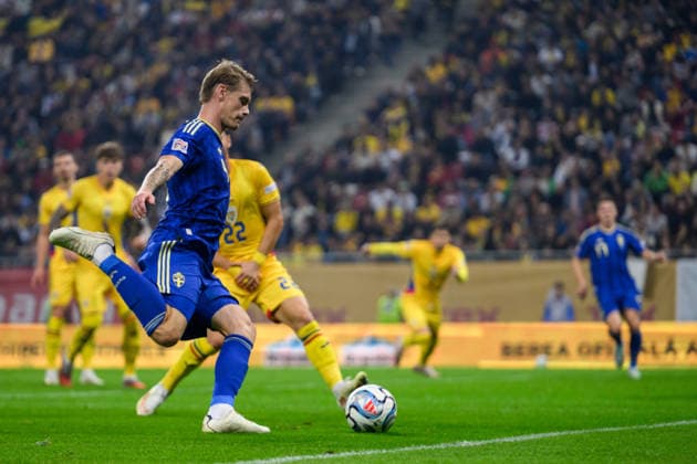 261005 Eric Smith of Sweden during the Nations League football match between Romania and Sweden on October 5, 2026 in Bucharest. Photo: Ludvig Thunman BILDBYRAN kod LT LT0828 fotboll football soccer fotball nations league uefa nations league rumänien romania sverige sweden sverige a bbeng Copyright: LUDVIGxTHUNMAN BB261005LT091