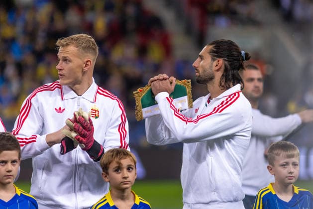 Balazs Toth of Hungary and Blackburn Rovers and Dominik Szoboszlai of Hungary and Liverpool during UEFA Nations League League phase game between Ukraine vs Hungary (Dominika Kortvelyesiova Ball Raw Images) Trnava Antona Malatinskeho Stadium Slovakia Copyright: xDominikaxKortvelyesiovax DKOR5989