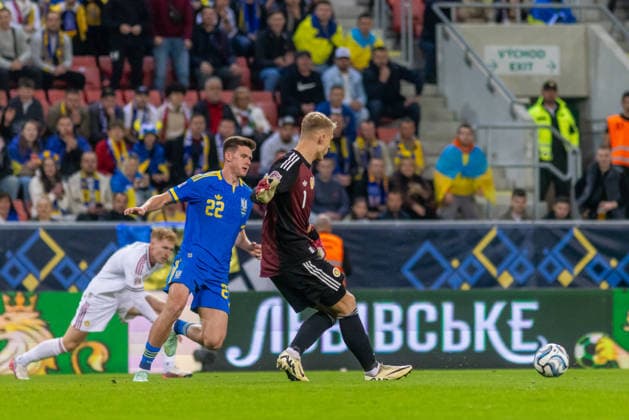 Ihor Krasnopir of Ukraine and Polissya Zhytomyr and Balazs Toth of Hungary and Blackburn Rovers during UEFA Nations League League phase game between Ukraine vs Hungary (Dominika Kortvelyesiova Ball Raw Images) Trnava Antona Malatinskeho Stadium Slovakia Copyright: xDominikaxKortvelyesiovax DKOR6094