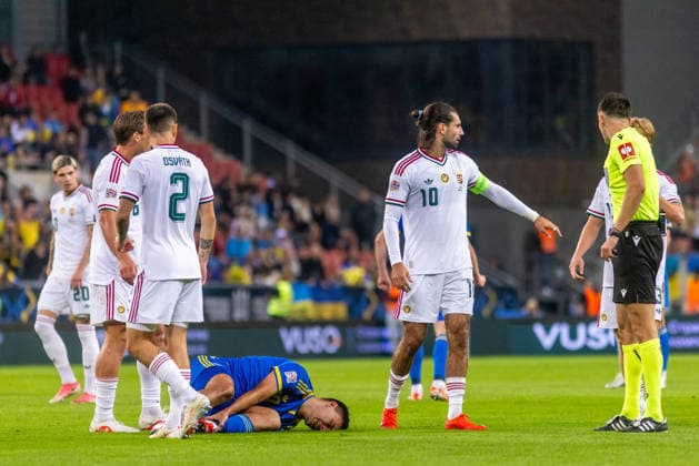 Attila Osvath of Hungary and Ferencvaros and Dominik Szoboszlai of Hungary and Liverpool during UEFA Nations League League phase game between Ukraine vs Hungary (Dominika Kortvelyesiova Ball Raw Images) Trnava Antona Malatinskeho Stadium Slovakia Copyright: xDominikaxKortvelyesiovax DKOR6172