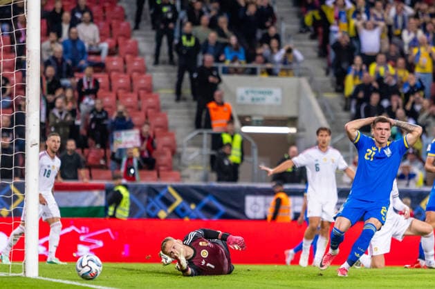 Balazs Toth of Hungary and Blackburn Rovers and Vladyslav Veleten of Ukraine and Polissya Zhytomyr during UEFA Nations League League phase game between Ukraine vs Hungary (Dominika Kortvelyesiova Ball Raw Images) Trnava Antona Malatinskeho Stadium Slovakia Copyright: xDominikaxKortvelyesiovax DKR_0391