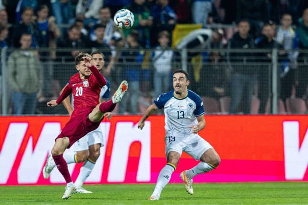ZENICA, BOSNIA AND HERZEGOVINA - OCTOBER 5: Ivan Basic and Sebastian Szymanski during the UEFA Nations League Group B4 Round 4 MD1 match between Bosnia and Herzegovina nad Poland at Stadion Bilino Polje on October 2, 2026 in Zenica, Bosnia and Herzegovina --- Pilka nozna. Liga Narodow. Bosnia i Hercegowina - Polska. (Photo by Arena Akcji) NEWSPIX.PL --- newspix.pl POLAND OUT! 