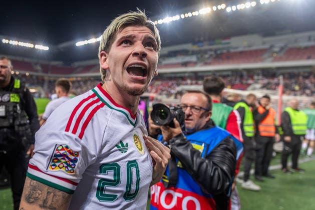 UKRAINE - HUNGARY Milan Toth of Hungary and Vasas celebrates a goal with the fans during UEFA Nations League - League B - Group B2 - Matchday 4 - football match between Ukraine and Hungary. Anton Malatinsky Stadium, City Arena, Trnava, Slovakia, October 05, 2026. Photo by Branislav Racko Copyright: xx _BRR0825