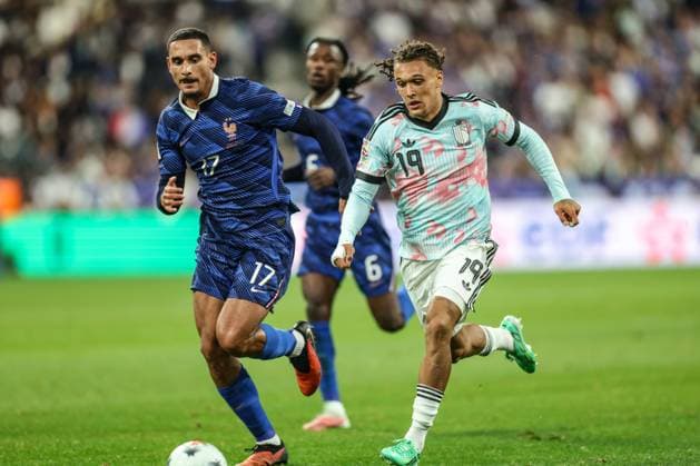 France s Maxence Lacroix and Belgium s Diego Moreira Da Silva fight for the ball during a soccer game between France and Belgian national team, Nationalteam Red Devils, on Monday 5 October 2026 in Saint-Denis, France, the fourth (of 6) game of the UEFA Nations League group stage. BRUNOxFAHY  x188826031x