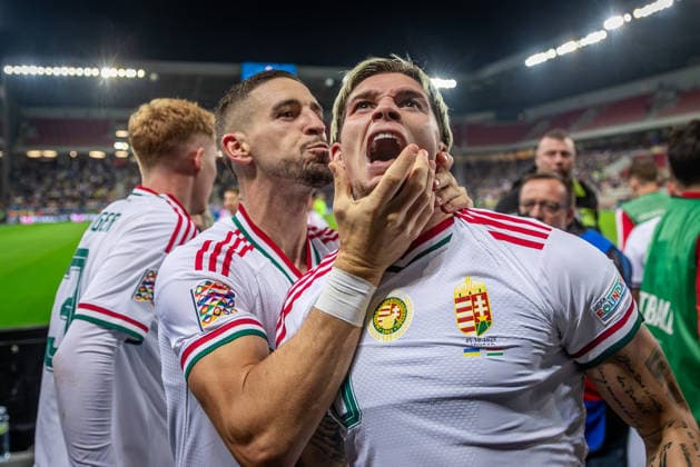 UKRAINE - HUNGARY Milan Toth of Hungary and Vasas celebrates a goal with the fans during UEFA Nations League - League B - Group B2 - Matchday 4 - football match between Ukraine and Hungary. Anton Malatinsky Stadium, City Arena, Trnava, Slovakia, October 05, 2026. Photo by Branislav Racko Copyright: xx _BRR0815