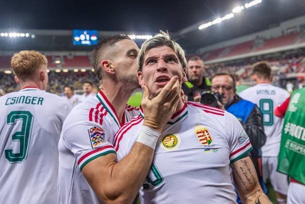 UKRAINE - HUNGARY Milan Toth of Hungary and Vasas celebrates a goal with the fans during UEFA Nations League - League B - Group B2 - Matchday 4 - football match between Ukraine and Hungary. Anton Malatinsky Stadium, City Arena, Trnava, Slovakia, October 05, 2026. Photo by Branislav Racko Copyright: xx _BRR0819