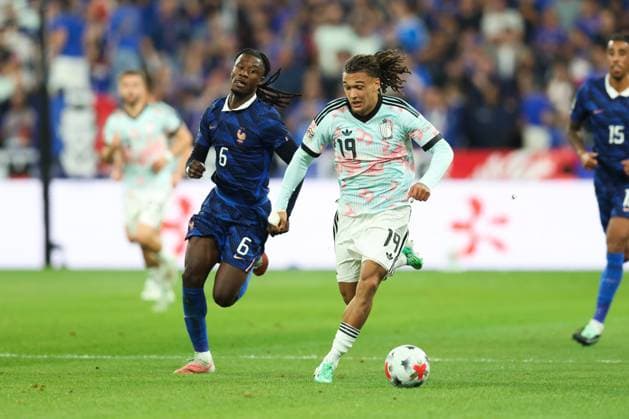 France s Eduardo Camavinga and Belgium s Diego Moreira Da Silva fight for the ball during a soccer game between France and Belgian national team, Nationalteam Red Devils, on Monday 5 October 2026 in Saint-Denis, France, the fourth (of 6) game of the UEFA Nations League group stage. BRUNOxFAHY  x188826025x