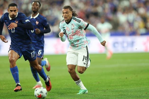 France s Maxence Lacroix and Belgium s Diego Moreira Da Silva fight for the ball during a soccer game between France and Belgian national team, Nationalteam Red Devils, on Monday 5 October 2026 in Saint-Denis, France, the fourth (of 6) game of the UEFA Nations League group stage. BRUNOxFAHY  x188826026x