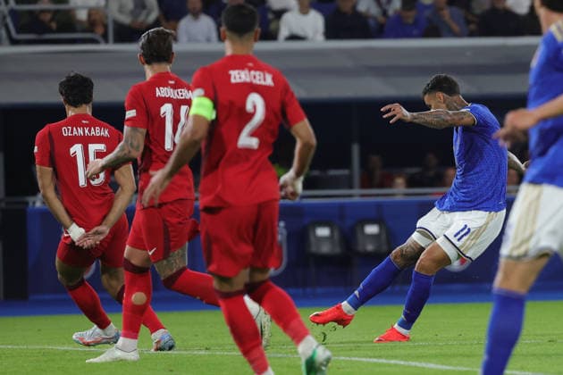 RECORD DATE NOT STATED 5th October 2026; Stadio Renato DallAra, Bologna, Italy; UEFA Nations League Football, Italy versus Turkey; Gianluca Scamacca of Italy scoring chance EmanuelexPennacchio