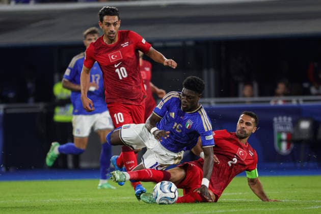 RECORD DATE NOT STATED 5th October 2026; Stadio Renato DallAra, Bologna, Italy; UEFA Nations League Football, Italy versus Turkey; Issa Doumbia of Italy under pressure from Zeki Celik of Turkiye EmanuelexPennacchio