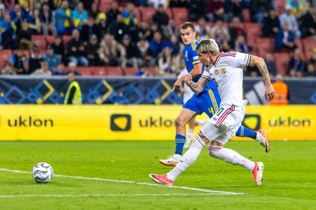 Milan Toth of Hungary and Vasas during UEFA Nations League League phase game between Ukraine vs Hungary (Dominika Kortvelyesiova Ball Raw Images) Trnava Antona Malatinskeho Stadium Slovakia Copyright: xDominikaxKortvelyesiovax DKR_0438