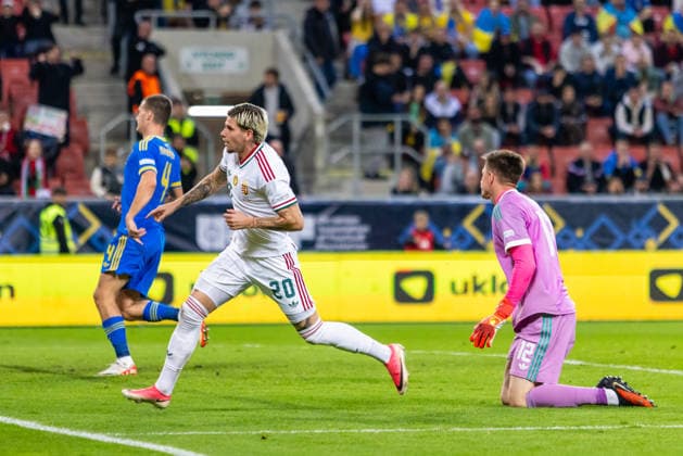Milan Toth of Hungary and Vasas and Anatoliy Trubin of Ukraine and SL Benfica during UEFA Nations League League phase game between Ukraine vs Hungary (Dominika Kortvelyesiova Ball Raw Images) Trnava Antona Malatinskeho Stadium Slovakia Copyright: xDominikaxKortvelyesiovax DKR_0445