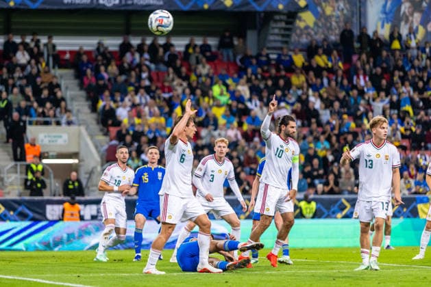 Willi Orban of Hungary and RB Leipzig, Dominik Szoboszlai of Hungary and Liverpool and Andras Schafer of Hungary and Union Berlin during UEFA Nations League League phase game between Ukraine vs Hungary (Dominika Kortvelyesiova Ball Raw Images) Trnava Antona Malatinskeho Stadium Slovakia Copyright: xDominikaxKortvelyesiovax DKR_0421