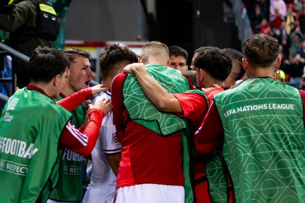 Team Hungary celebrating a goal during UEFA Nations League League phase game between Ukraine vs Hungary (Dominika Kortvelyesiova Ball Raw Images) Trnava Antona Malatinskeho Stadium Slovakia Copyright: xDominikaxKortvelyesiovax DKR_0458