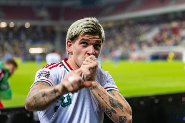 Milan Toth of Hungary and Vasas during UEFA Nations League League phase game between Ukraine vs Hungary (Dominika Kortvelyesiova Ball Raw Images) Trnava Antona Malatinskeho Stadium Slovakia Copyright: xDominikaxKortvelyesiovax DKR_0489
