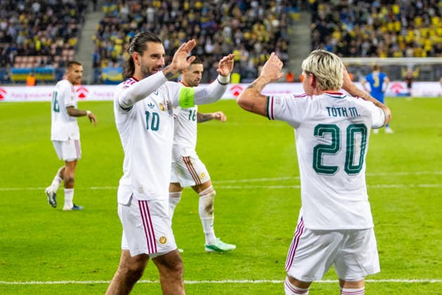 Dominik Szoboszlai of Hungary and Liverpool and Milan Toth of Hungary and Vasas during UEFA Nations League League phase game between Ukraine vs Hungary (Dominika Kortvelyesiova Ball Raw Images) Trnava Antona Malatinskeho Stadium Slovakia Copyright: xDominikaxKortvelyesiovax DKR_0496