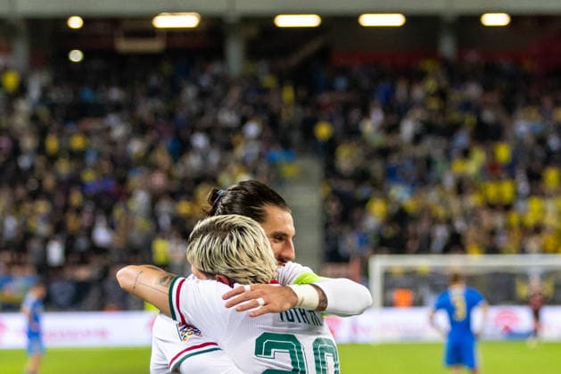 Dominik Szoboszlai of Hungary and Liverpool and Milan Toth of Hungary and Vasas during UEFA Nations League League phase game between Ukraine vs Hungary (Dominika Kortvelyesiova Ball Raw Images) Trnava Antona Malatinskeho Stadium Slovakia Copyright: xDominikaxKortvelyesiovax DKR_0499