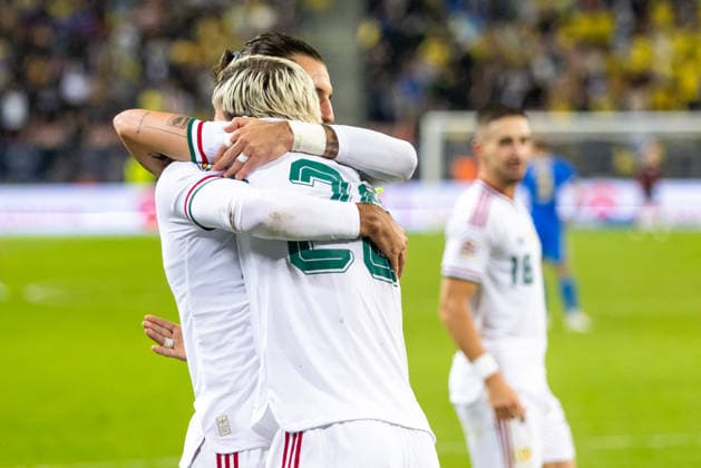 Dominik Szoboszlai of Hungary and Liverpool and Milan Toth of Hungary and Vasas during UEFA Nations League League phase game between Ukraine vs Hungary (Dominika Kortvelyesiova Ball Raw Images) Trnava Antona Malatinskeho Stadium Slovakia Copyright: xDominikaxKortvelyesiovax DKR_0500