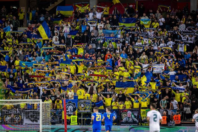 UKRAINE - HUNGARY Fans of Ukraine during UEFA Nations League - League B - Group B2 - Matchday 4 - football match between Ukraine and Hungary. Anton Malatinsky Stadium, City Arena, Trnava, Slovakia, October 05, 2026. Photo by Branislav Racko Copyright: xx 080A4146