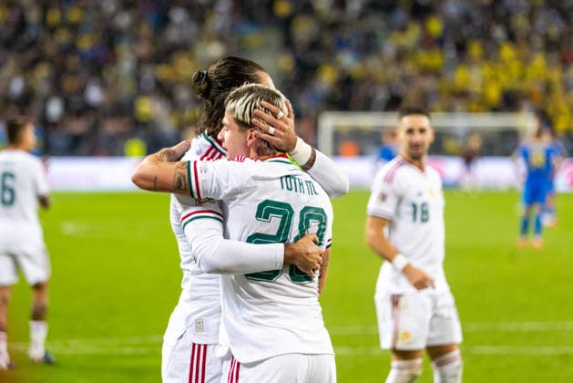 Dominik Szoboszlai of Hungary and Liverpool and Milan Toth of Hungary and Vasas during UEFA Nations League League phase game between Ukraine vs Hungary (Dominika Kortvelyesiova Ball Raw Images) Trnava Antona Malatinskeho Stadium Slovakia Copyright: xDominikaxKortvelyesiovax DKR_0502
