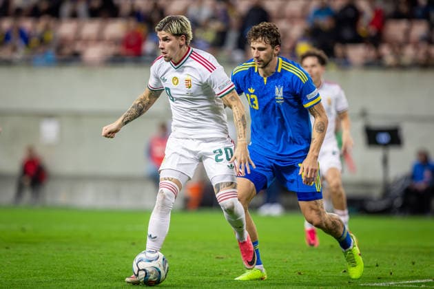 UKRAINE - HUNGARY Milan Toth of Hungary and Vasas and Illia Zabarnyi of Ukraine and Paris Saint Germain during UEFA Nations League - League B - Group B2 - Matchday 4 - football match between Ukraine and Hungary. Anton Malatinsky Stadium, City Arena, Trnava, Slovakia, October 05, 2026. Photo by Branislav Racko Copyright: xx 080A4213