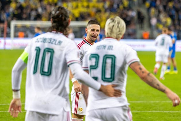Dominik Szoboszlai of Hungary and Liverpool and Milan Toth of Hungary and Vasas during UEFA Nations League League phase game between Ukraine vs Hungary (Dominika Kortvelyesiova Ball Raw Images) Trnava Antona Malatinskeho Stadium Slovakia Copyright: xDominikaxKortvelyesiovax DKR_0505