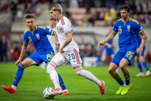 UKRAINE - HUNGARY Milan Toth of Hungary and Vasas and Illia Zabarnyi of Ukraine and Paris Saint Germain, Yehor Nazaryna of Ukraine and Shakhtar Donetsk during UEFA Nations League - League B - Group B2 - Matchday 4 - football match between Ukraine and Hungary. Anton Malatinsky Stadium, City Arena, Trnava, Slovakia, October 05, 2026. Photo by Branislav Racko Copyright: xx 080A4223