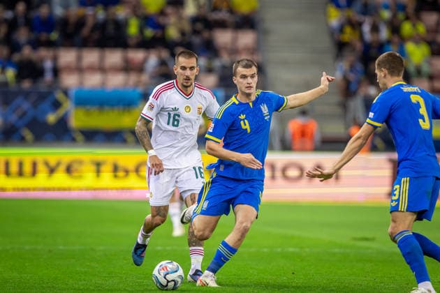 UKRAINE - HUNGARY Taras Mykhavko of Ukraine and Dynamo Kyiv and Daniel Lukacs of Hungary and Puskas Akademia during UEFA Nations League - League B - Group B2 - Matchday 4 - football match between Ukraine and Hungary. Anton Malatinsky Stadium, City Arena, Trnava, Slovakia, October 05, 2026. Photo by Branislav Racko Copyright: xx 080A4286