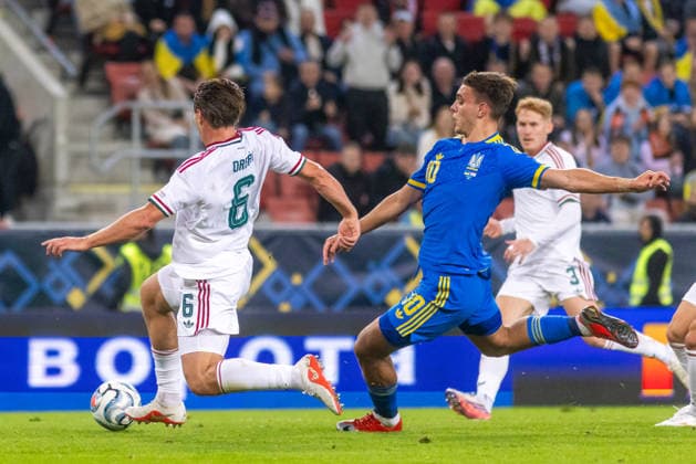 Willi Orban of Hungary and RB Leipzig and Matvii Ponomarenko of Ukraine and Dynamo Kyiv during UEFA Nations League League phase game between Ukraine vs Hungary (Dominika Kortvelyesiova Ball Raw Images) Trnava Antona Malatinskeho Stadium Slovakia Copyright: xDominikaxKortvelyesiovax DKOR6207