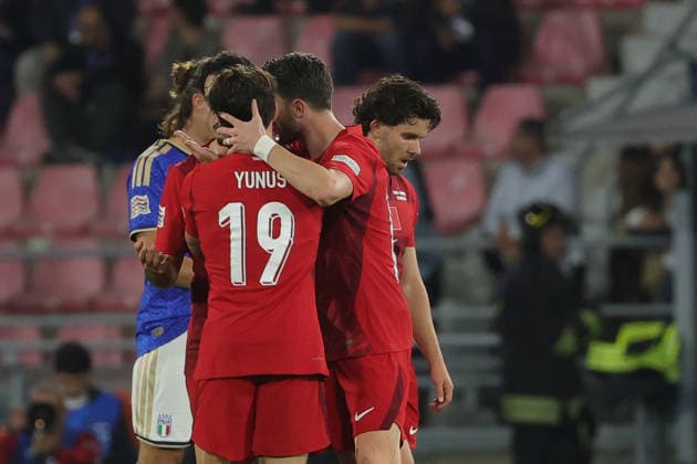 RECORD DATE NOT STATED 5th October 2026; Stadio Renato DallAra, Bologna, Italy; UEFA Nations League Football, Italy versus Turkey; Aral Simsir of Turkiye celebrates scoring a goal 1-1 EmanuelexPennacchio