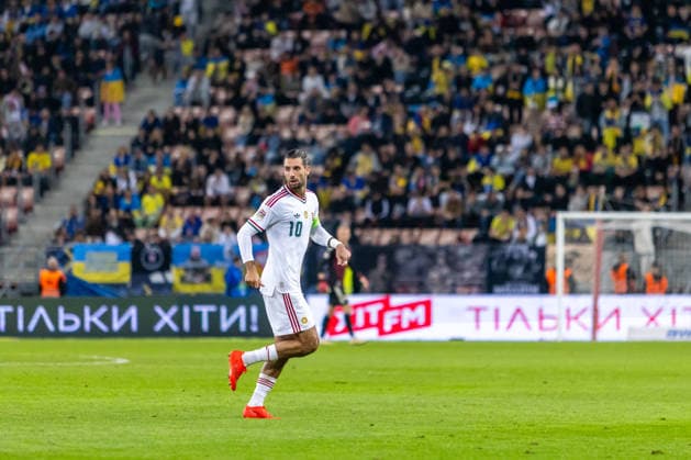 Dominik Szoboszlai of Hungary and Liverpool during UEFA Nations League League phase game between Ukraine vs Hungary (Dominika Kortvelyesiova Ball Raw Images) Trnava Antona Malatinskeho Stadium Slovakia Copyright: xDominikaxKortvelyesiovax DKR_0428