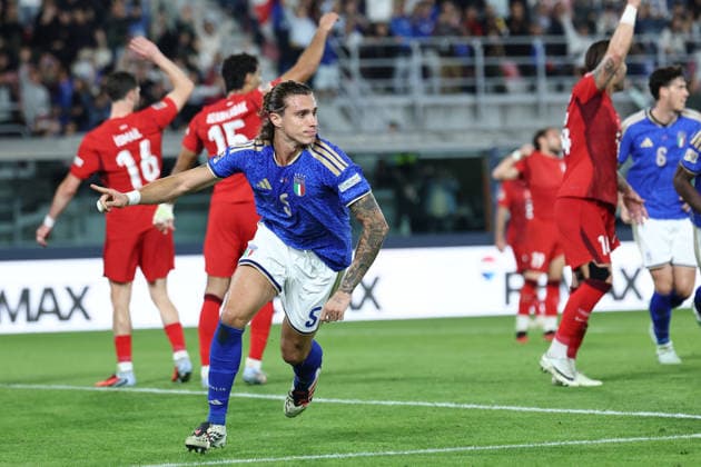 Riccardo Calafiori of Italy celebrates after scoring the goal of 2-1 during the Nations League football match between Italy and Turkiye at Renato Dall Ara stadium in Bologna (Italy), October 05, 2026. CesarexPurini