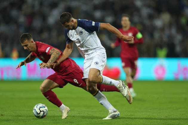 ZENICA, B&H - OCTOBER 05, 2026 : Mateusz Zukowski of Poland national team, Nationalteam and Zinedin Smajlovic of BiH Bosnia & Herzegovina and Poland - UEFA Nations League 2026 27 - at Stadion Bilino Polje on October 05, 2026 in Zenica, Bosnia and Herzegovina. Copyright: xx
