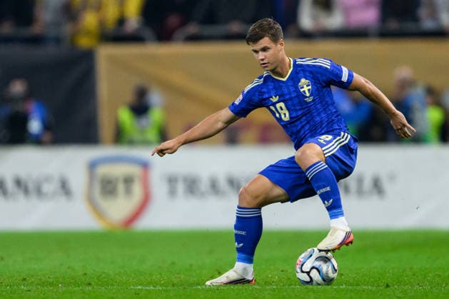 261005 Samuel Dahl of Sweden during the Nations League football match between Romania and Sweden on October 5, 2026 in Bucharest. Photo: Ludvig Thunman BILDBYRAN kod LT LT0828 fotboll football soccer fotball nations league uefa nations league rumänien romania sverige sweden sverige a bbeng Copyright: LUDVIGxTHUNMAN BB261005LT139