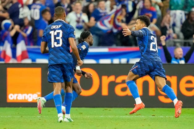 Desire Doue (France) celebrates after scoring his team s first goal during the UEFA Nations League 2026 27 group phase match between France and Belgium at Stade de France on October 5, 2026 in Paris, France. (Photo by Alex Gottschalk DeFodi Images) -