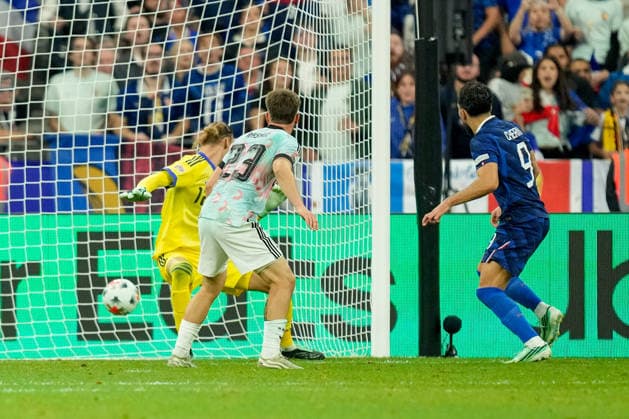 Rayan Cherki (France) scores the team s second goal during the UEFA Nations League 2026 27 group phase match between France and Belgium at Stade de France on October 5, 2026 in Paris, France. (Photo by Alex Gottschalk DeFodi Images) -