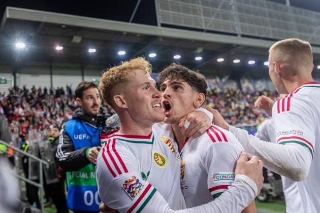 UKRAINE - HUNGARY Mark Csinger of Hungary and Groningen celebrates a goal during UEFA Nations League - League B - Group B2 - Matchday 4 - football match between Ukraine and Hungary. Anton Malatinsky Stadium, City Arena, Trnava, Slovakia, October 05, 2026. Photo by Branislav Racko Copyright: xx _BRR0857