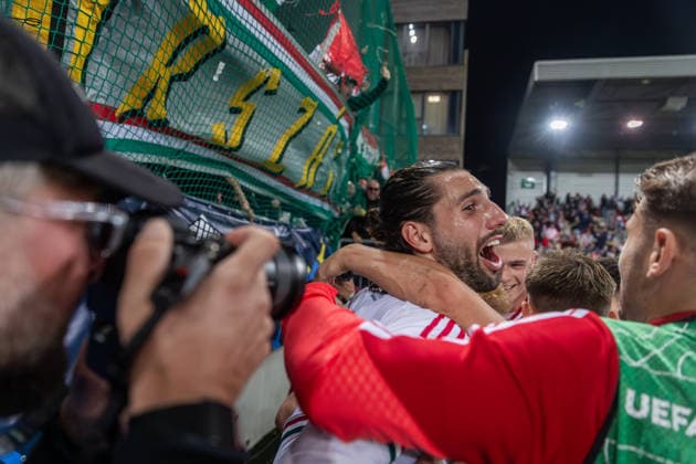 UKRAINE - HUNGARY Dominik Szoboszlai of Hungary and Liverpool celebrates a goal of Mark Csinger of Hungary and Groningen during UEFA Nations League - League B - Group B2 - Matchday 4 - football match between Ukraine and Hungary. Anton Malatinsky Stadium, City Arena, Trnava, Slovakia, October 05, 2026. Photo by Branislav Racko Copyright: xx _BRR0869