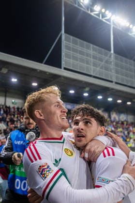 UKRAINE - HUNGARY Mark Csinger of Hungary and Groningen celebrates a goal during UEFA Nations League - League B - Group B2 - Matchday 4 - football match between Ukraine and Hungary. Anton Malatinsky Stadium, City Arena, Trnava, Slovakia, October 05, 2026. Photo by Branislav Racko Copyright: xx _BRR0853